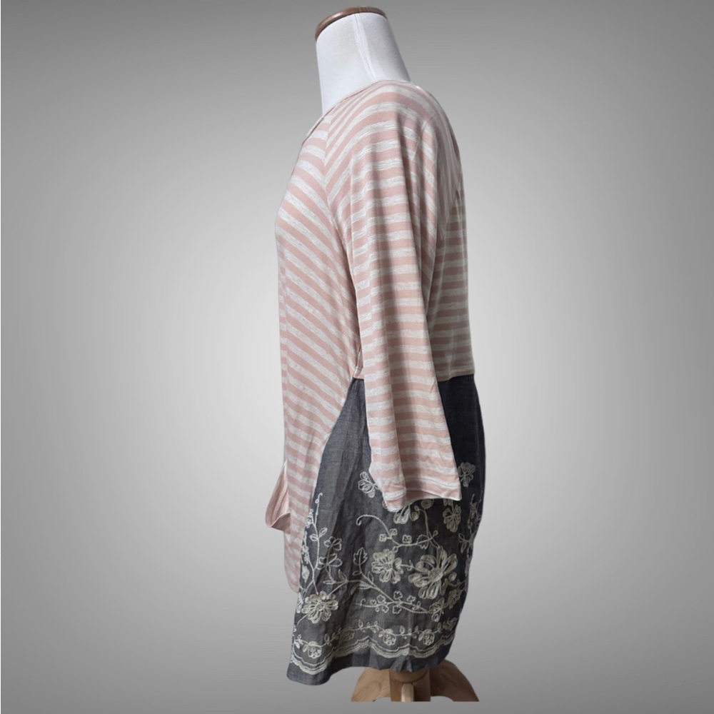 LOGO by Lori Goldstein Pink and White Striped Slub Henley
Top with Embroidery 1X - Picture 8 of 16